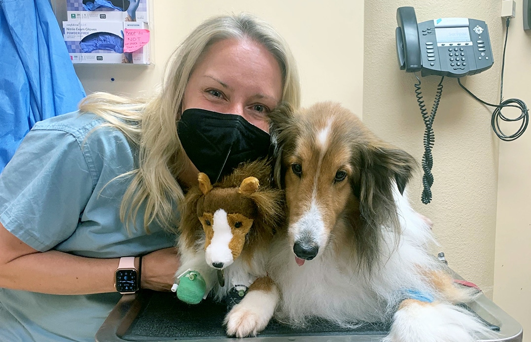 Joelle Fenger, DVM, with her canine patient Skye
