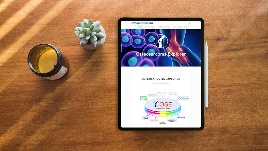 Osteosarcoma Explorer data commons home page displayed on a tablet