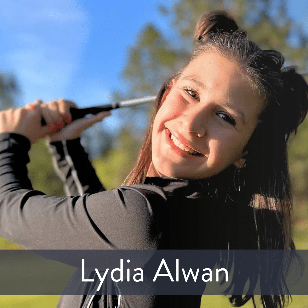 2024 photo of Lydia Alwan swinging a golf club to promote her fall golf fundraiser